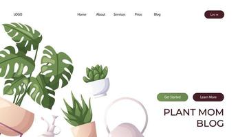 anding page with collection of houseplants with water can. Indoor house plant. Home garden, greenhouse, florarium, gardening, potted plant lover. Domestic store poster, banner, cover, card. vector