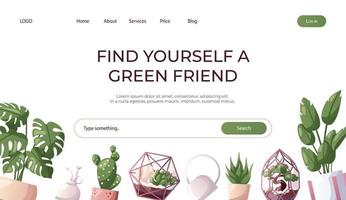 Landing page with collection of houseplants with search. Indoor house plant. Home garden, greenhouse, florarium, gardening, potted plant lover. Domestic store poster, banner, cover, card. vector