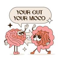 Gut and brain retro cartoon characters connection. Health of the brain and the gut are interwinded. Medical, scientific, healthcare concept. Contour vector illustration with text Your gut, your mood.