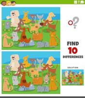 differences game with cartoon cats and dogs characters vector