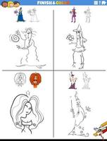 drawing and coloring worksheets set with fantasy characters vector