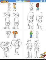 drawing and coloring worksheets set with children characters vector