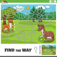 find the way maze game with cartoon weasel characters vector