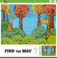 find the way maze game with cartoon giraffe characters vector