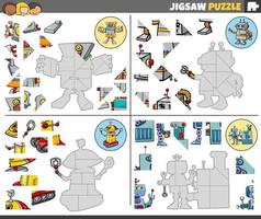 jigsaw puzzle games set with funny cartoon robots vector