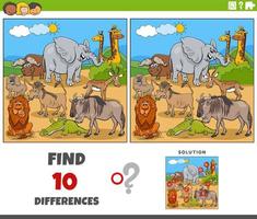 differences game with cartoon African animals vector