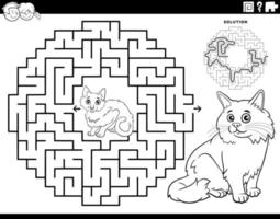 maze with cartoon cats animal characters coloring page vector