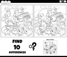 differences game with animal characters coloring page vector