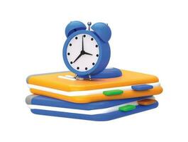 A blue alarm clock sits on a stack of books on a blue background vector