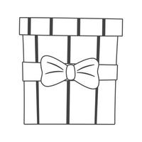 Vector simple isolated icon. Gift box sticker decorated with wrapping paper, ribbon and bow and striped pattern.