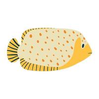 Vector isolated illustration on white background. Cartoon yellow fish with dots or specks. Marine life with striped tail and fins.