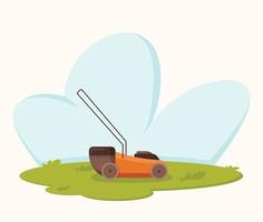 Vector illustration of a lawn mower on a field or backyard, cartoon landscape with grass and sky.