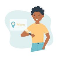 Boy looking at a fitness bracelet on his wrist. Incoming message on smart watch. Vector flat illustration of an African American man.