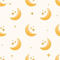 Vector seamless flat pattern. Simple crescent or moon icons with stars. Childish cute background or wallpaper of the starry sky or space.