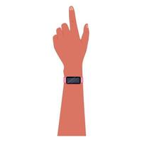 Human hand with smart watch or fitness bracelet pointing finger. Vector isolated flat illustration of an arm with a gadget.