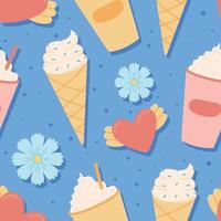 Summer vector seamless pattern with milkshake, ice cream cone, heart and flower icon.