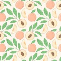 Half of fresh ripe peach or nectarine with pit, whole fruit, twigs with leaves. Vector seamless cartoon pattern.