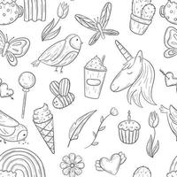 Vector seamless girly doodle pattern with cute sweets, cakes, ice cream and unicorn.