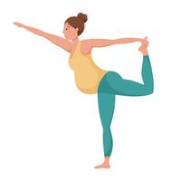 vector ilustración, embarazada mujer haciendo yoga o gimnasia, dandayana dhanurasana pose, aislado en blanco