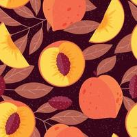 Whole ripe Peach or nectarine, half fruit with pit, twig with leaves. Vector seamless tropical pattern.