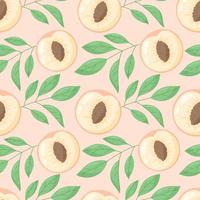 Half of fresh ripe peach or nectarine with pit, branches with leaves. Vector seamless cartoon pattern.