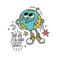 soy apagado el exterior espacio - retro dibujos animados tierra mascota personaje sonriente en un entusiasta pose. maravilloso infantil aislado concepto para impresión o camiseta diseño. contorno mano dibujado vector ilustración