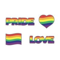 Set of LGBTQ community stickers with flag, star and heart shapes with rainbow colors. Pride month symbols and slogan. Gay parade icons. vector