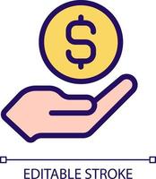Coin in hand pixel perfect RGB color icon. Giving money. Financial contribution. Lending cash. Isolated vector illustration. Simple filled line drawing. Editable stroke