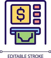 ATM pixel perfect RGB color icon. Automated teller machine. Withdrawing cash. Financial transactions. Isolated vector illustration. Simple filled line drawing. Editable stroke