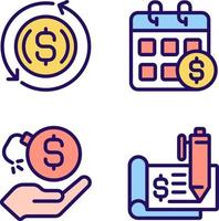 Transactions and payments pixel perfect RGB color icons set. Monthly income. Financial risk. Chequebook. Isolated vector illustrations. Simple filled line drawings collection. Editable stroke