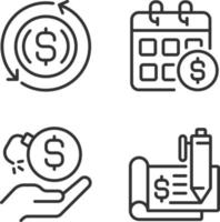 Transactions and payments pixel perfect linear icons set. Monthly income. Financial risk. Chequebook. Customizable thin line symbols. Isolated vector outline illustrations. Editable stroke