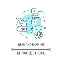 Read and examine turquoise concept icon. Analyzing facts. Structure of case study abstract idea thin line illustration. Isolated outline drawing. Editable stroke vector