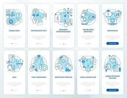 Pros and cons of case study blue onboarding mobile app screen set. Walkthrough 5 steps editable graphic instructions with linear concepts. UI, UX, GUI template vector