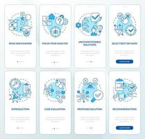 Case studying process blue onboarding mobile app screen set. Walkthrough 4 steps editable graphic instructions with linear concepts. UI, UX, GUI template vector