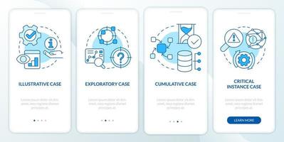 Types of case study blue onboarding mobile app screen. Methods walkthrough 4 steps editable graphic instructions with linear concepts. UI, UX, GUI template vector