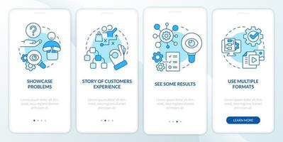 Elements of case study blue onboarding mobile app screen. Structure walkthrough 4 steps editable graphic instructions with linear concepts. UI, UX, GUI template vector