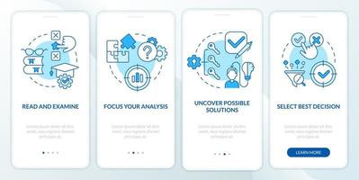 Structure of case study blue onboarding mobile app screen. Research walkthrough 4 steps editable graphic instructions with linear concepts. UI, UX, GUI template vector