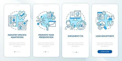 Marketing case study blue onboarding mobile app screen. Business walkthrough 4 steps editable graphic instructions with linear concepts. UI, UX, GUI template vector