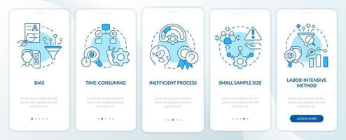 Disadvantages of case study blue onboarding mobile app screen. Issues walkthrough 5 steps editable graphic instructions with linear concepts. UI, UX, GUI template vector