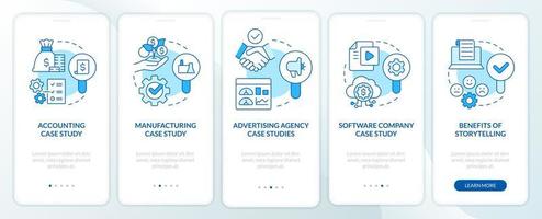 Case studies usage blue onboarding mobile app screen. Analytics walkthrough 5 steps editable graphic instructions with linear concepts. UI, UX, GUI template vector