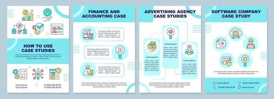 Implementation of case study turquoise brochure template. Leaflet design with linear icons. Editable 4 vector layouts for presentation, annual reports