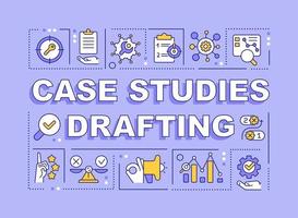 Case studies drafting word concepts purple banner. Complementation. Infographics with editable icons on color background. Isolated typography. Vector illustration with text