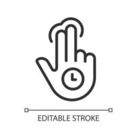 Double finger holding pixel perfect linear icon. Two fingers long tap. Digital device navigation. Thin line illustration. Contour symbol. Vector outline drawing. Editable stroke