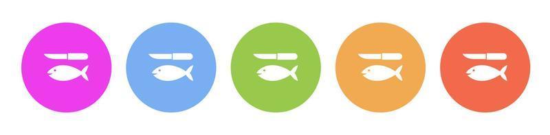 Multi colored flat icons on round backgrounds. Fish and a knife multicolor circle vector icon on white background