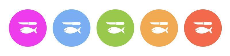 Multi colored flat icons on round backgrounds. Fish and a knife multicolor circle vector icon on white background