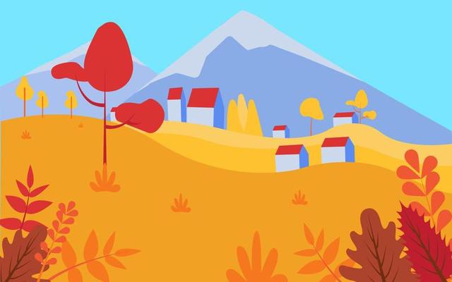Panoramic of Countryside landscape in autumn, Vector illustration of horizontal banner of autumn landscape mountains and trees with yellow foliage