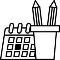 One continuous line drawing of pencil case, alarm clocks and calendar on office desk. Stationery for study and tidy on the table. Happy study. Smart education concept vector illustration.