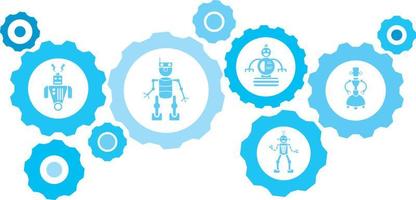 Robot, icon, technology, industry, factory blue gear set. Abstract background with connected gears and icons for logistic, service, shipping, distribution, transport, market, communicate concepts vector