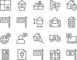 house, property, home set vector icons. Real estate icon set. Simple Set of Real Estate Related Vector Line Icons. Contains such Icons as Map, Plan, Bedrooms on white background