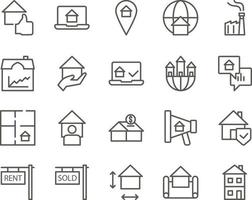 building, house, terrace set vector icons. Real estate icon set. Simple Set of Real Estate Related Vector Line Icons. Contains such Icons as Map, Plan, Bedrooms on white background